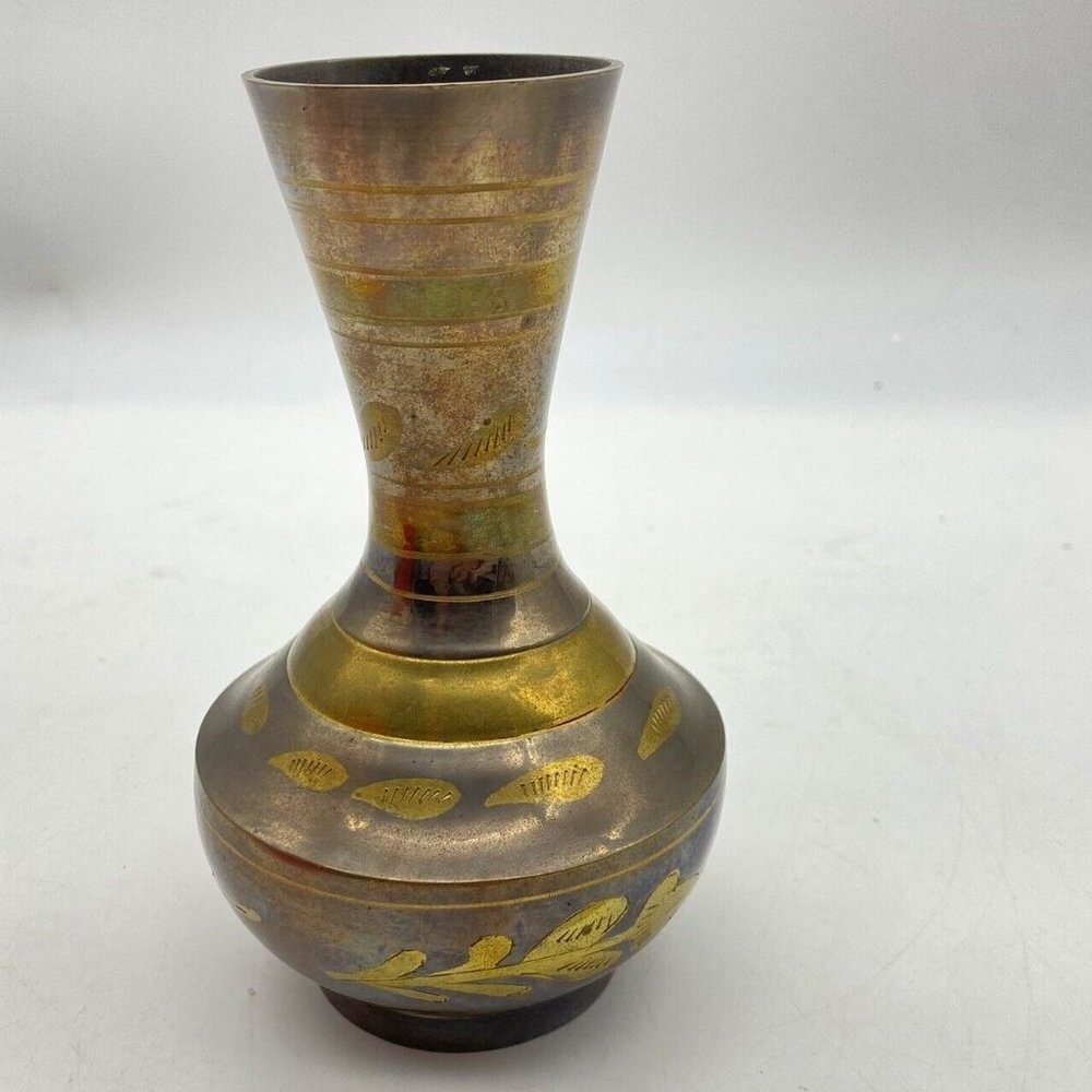 Vintage Vase Solid Brass‎ 6” Etched Floral Leaf And Bands Man Made Patina India